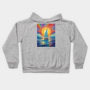 Sailing Boat at Sunset under the Rainbow Sky Kids Hoodie